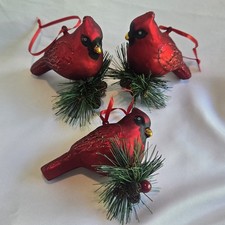 Set of 3 Red Cardinal Bird Glass Christmas Tree Ornaments with Pine Sprigs
