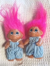 2 Vint. 1985 Norfin Dam Troll Dolls Twins 2" Small Pink Hair W/ Overalls BIN