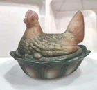 Fenton Art Glass Folk Art Hen on Nest Airbrushed Signed