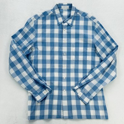 Prada Shirt Mens 42 16 1/2 Blue White Check Button Up Long Sleeve Cotton  Dress | eBay