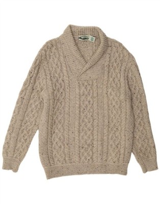 Aran Crafts Herren Schalkragen Pullover Sweater Large Beige Gefleckt Wolle CT05