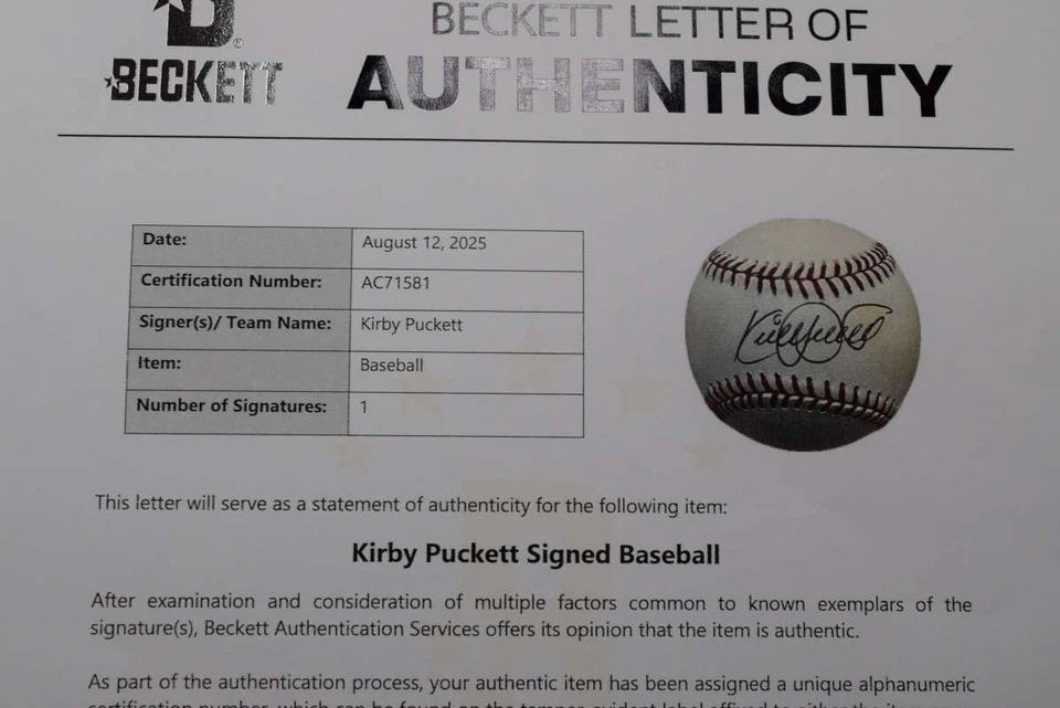 Kirby Puckett Beckett BAS LOA Autographed American League OAL Signed Baseball - Image 2 of 2