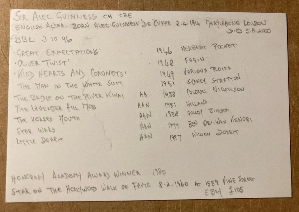 ALEC GUINNESS Star Wars Genuine Authentic Signed WHITE CARD COA CAv UACC - Image 3 of 3