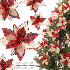 12 Pcs Buffalo Plaid Poinsettias Christmas Tree Ornaments, 5.9" Burlap Artifi...