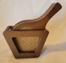 VTG 7 Piece Set Tennis Racket Coasters Wood & Cork Holder MCM Barware Home Bar 