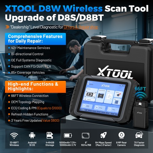 2026 XTOOL D8W 2.0 OBD2 Scanner Diagnostic Key Programming ECU Coding 42+Service - Foto 2 di 16