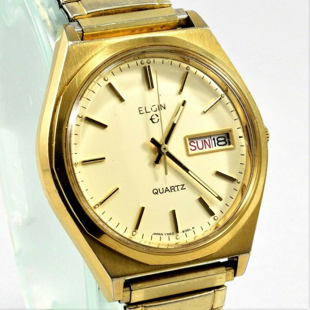 Vintage Elgin Gold Tone Quartz Watch Day Date Dial New Battery Japan