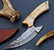 Custom Handmade Damascus Steel Hunting Knife Fix Blade Camel Bone Handle Sheath