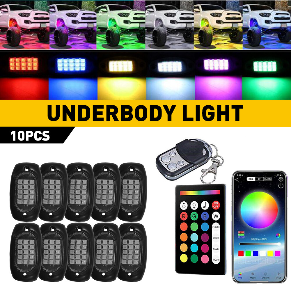 10Pod RGB LED Rock Light Underbody Trail Glow Rig Offroad Lamp SUV Pickup Truck