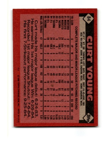 1986 Topps - #84 Curt Young - Picture 2 of 2