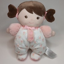 Baby Starters Olivia Rattle Soft Doll Flower Floral Brown Hair Pigtails READ