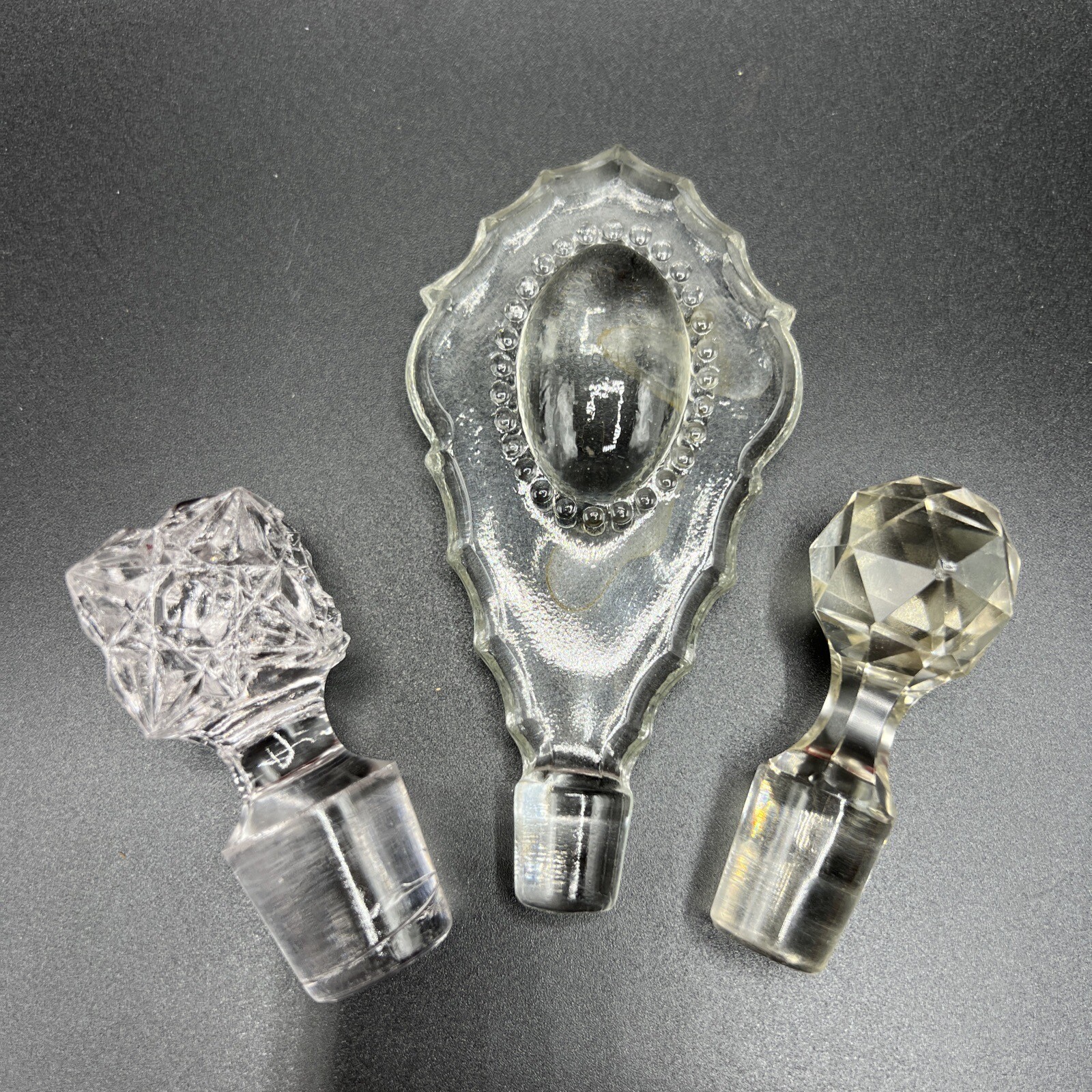 LOT OF 3 VINTAGE SOLID CRYSTAL GLASS PERFUME BOTTLE CRUET STOPPERS