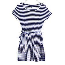 Sosandar Coastal Navy Blue Striped Tie Waist Belted Pockets Knee Length Dress 10