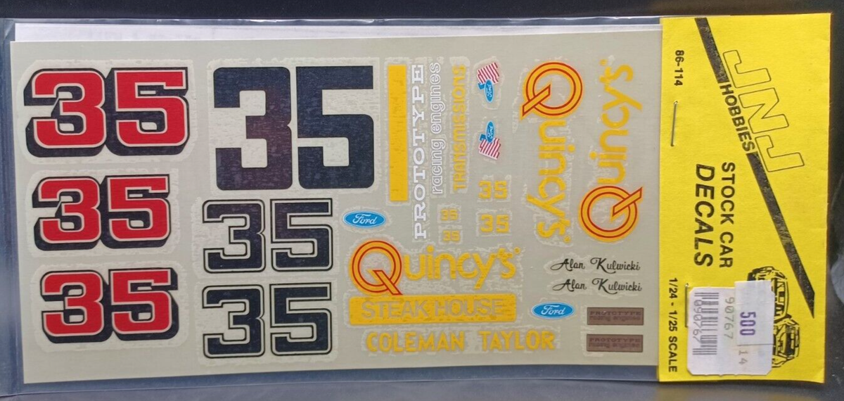 エル JNJ | No. 86-114 | 1:24 Alan Kulwicki #35 Quincy's Decals | eBay