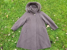 Club Line Wool Long Coat Brown & Hooded W/ Faux Fur Trim Size 6