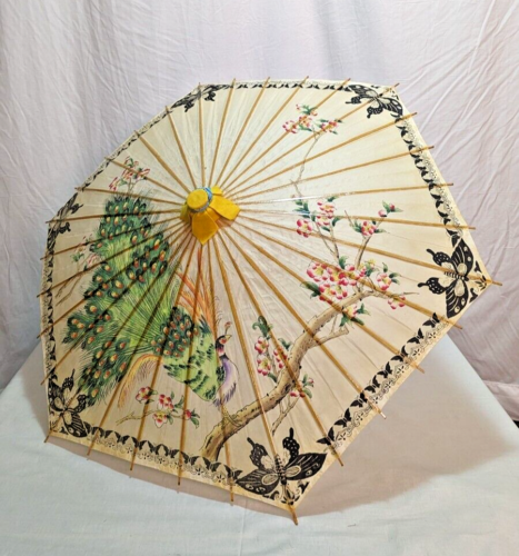 Vintage Wood Umbrella Rice Paper Peacock Decorative Parasol Cherry Blossom Tree - Picture 1 of 11