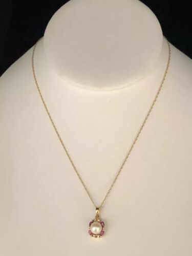 14k Yellow Gold Cultured Pearl Lab-Created Ruby & Diamond Pendant Necklace - Picture 5 of 6