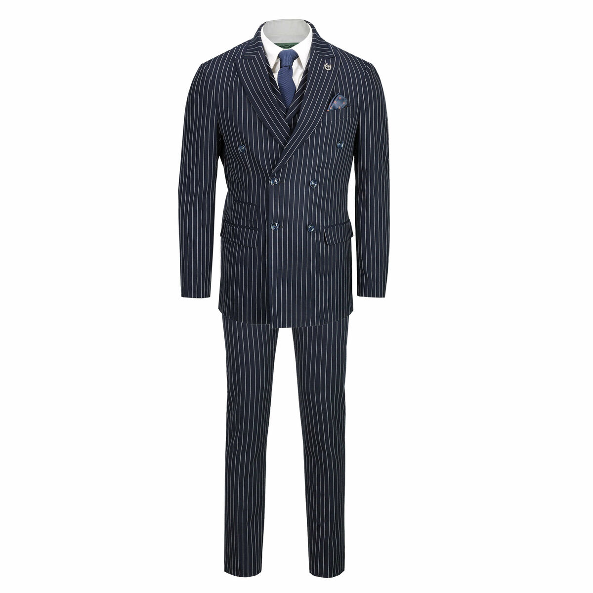 Mens Navy 3 Piece Double Breasted Chalk Stripe Suit Classic Mens Navy 3 Piece Double Breasted Chalk Stripe Suit Classic