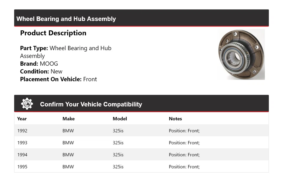 For 1992-1995 BMW 325is Wheel Bearing and Hub Assembly Front MOOG 1992 1993 1994 - Image 2 of 4
