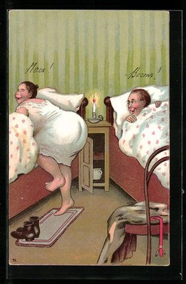 Postcard Does the sun still seem so beautiful..., lady gets into bed and shows her dic 