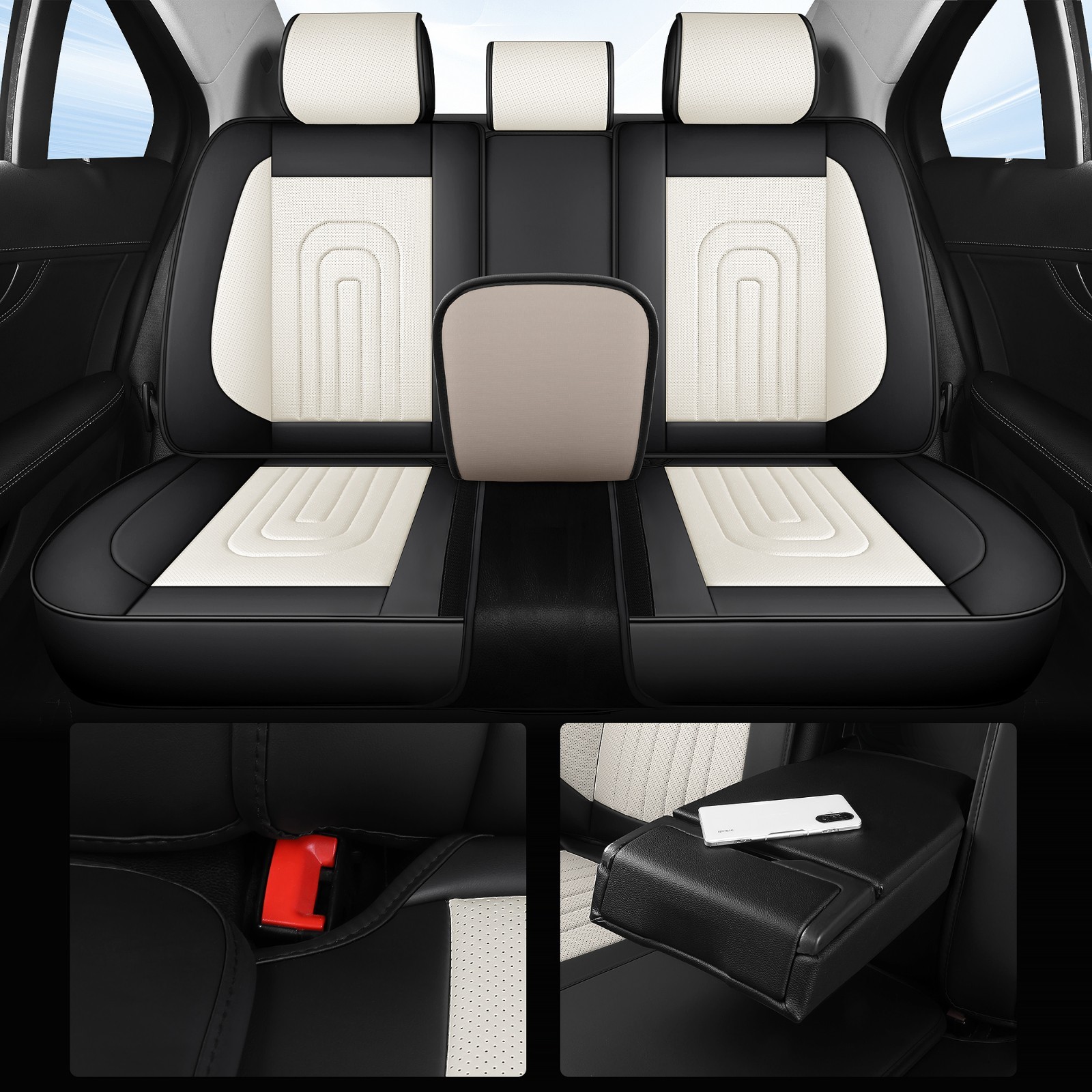 Menifomory Leather Seat Covers with Lumbar Support Fit Car Auto SUV Black+White