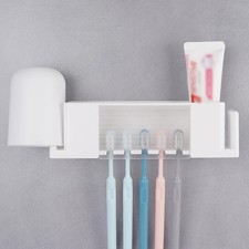 5 Slots Wall Mount Toothbrush Holder with Cover, Self Adhesive White Large