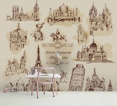 3D Hand-drawn Landmark Architecture Wall Murals Wallpaper Murals Wall Sticker