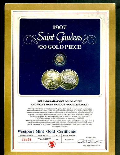 1907 SOLID 10K GOLD SAINT GAUDENS DOUBLE EAGLE $20 WESTPORT MINT MINI WITH COA