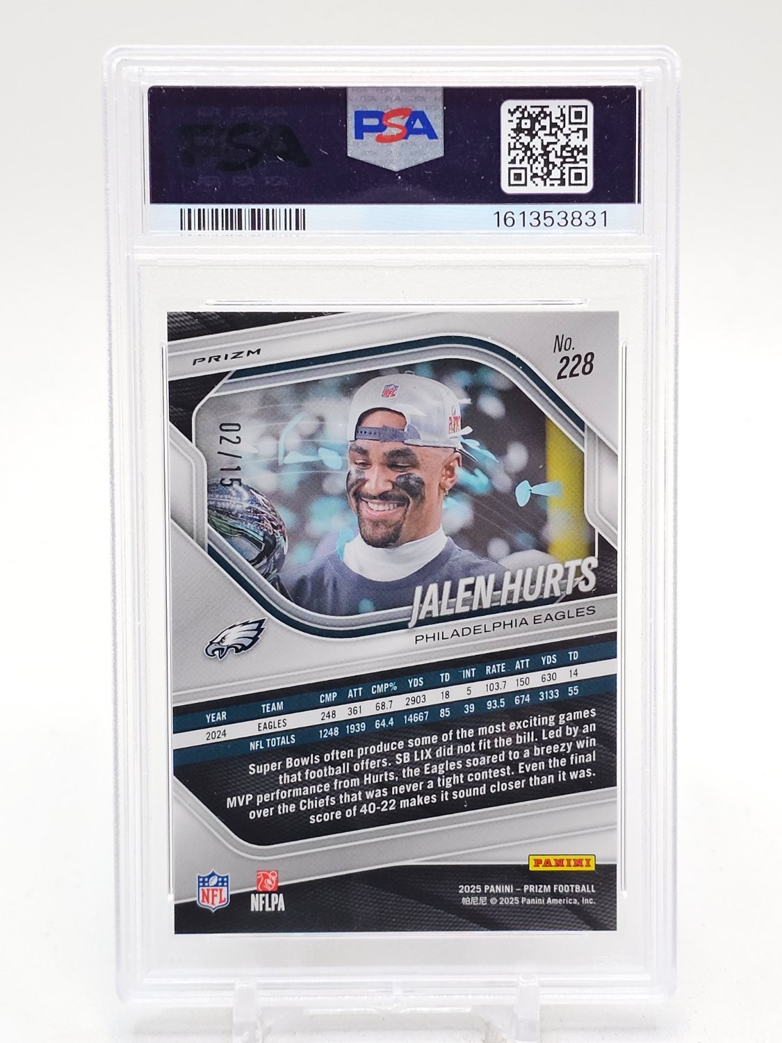 JALEN HURTS 2025 PANINI PRIZM CHERRY BLOSSOM CHOICE /15 #228 EAGLES PSA 10 Q4710 view 2