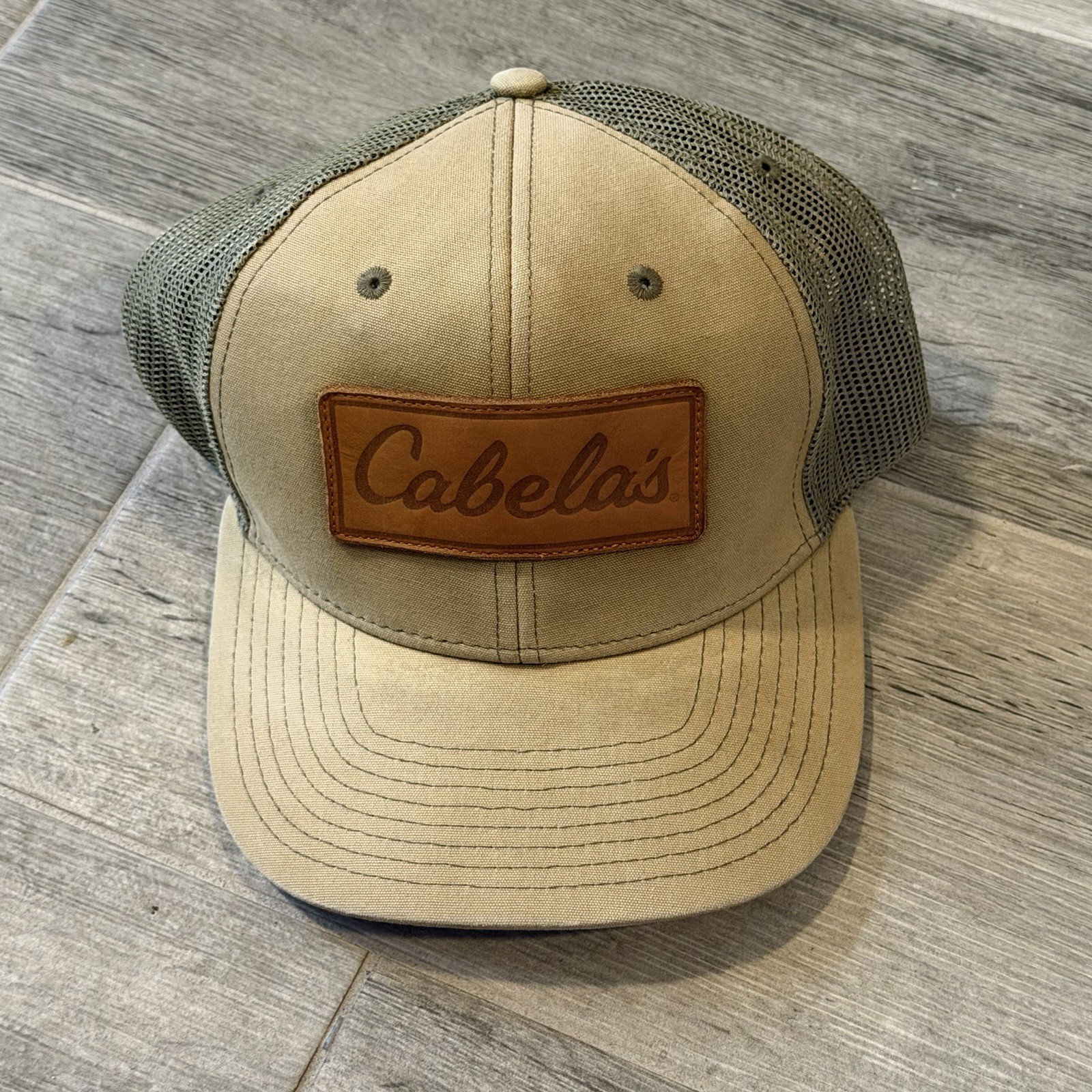 Cabela's Leather Patch Snapback Trucker Hat Tan/B… - image 1