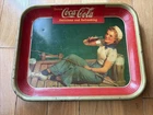VINTAGE ORIGINAL 1940 COCA-COLA TRAY - "GIRL ON PIER DRINKING COCA COLA"  *