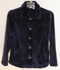 Chicos Jacket 1 M Navy Blue Faux Fur Button Front Plush Long Sleeves