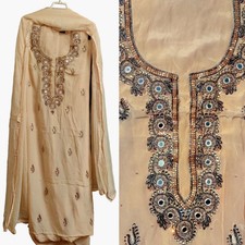 BEIGE PURE CREPE INDIAN PAKISTANI LADIES SALWAR KAMEEZ SUIT MATERIAL HND WRK SNJ