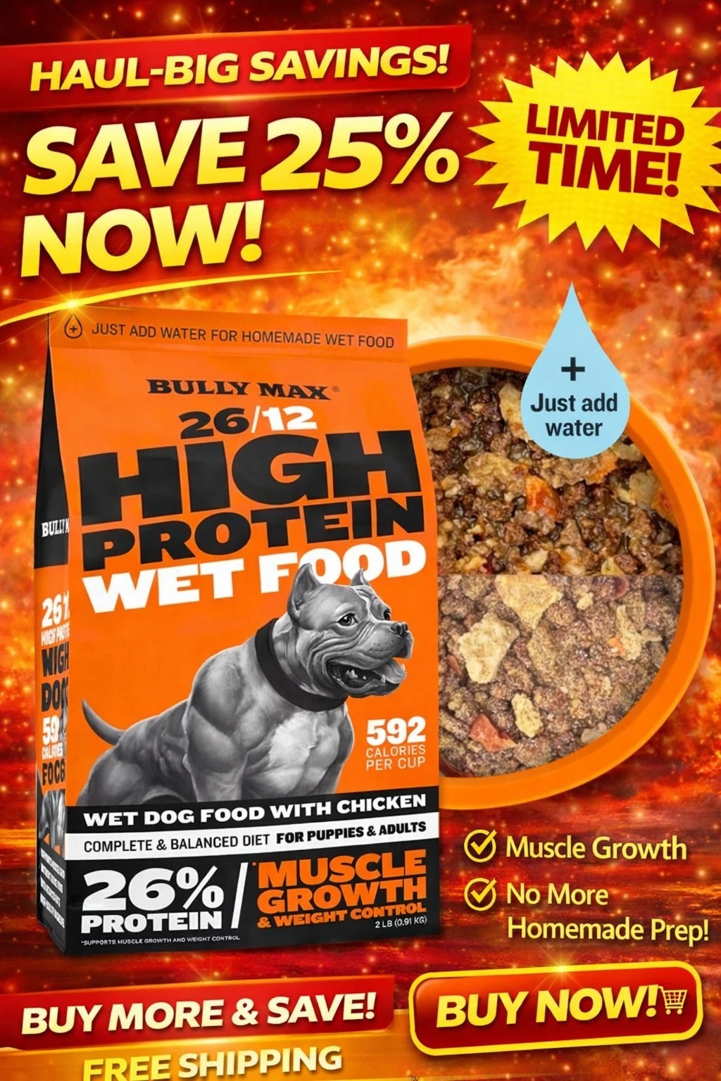 Bully Max Wet Dog Food, High Protein Chicken, 2 lbs Dry Makes 5.5 lbs Wet