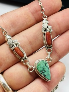 Native American silver necklace with turquoise and corals