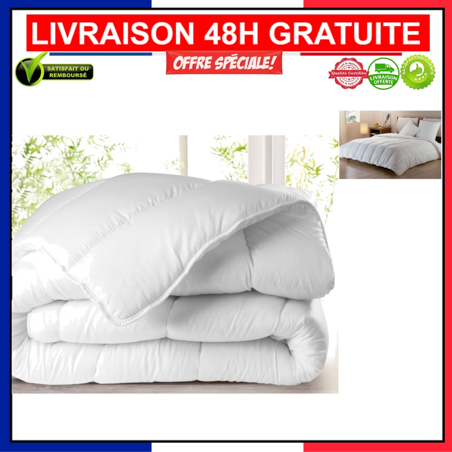 Couette 220x240 blanche 450g/m² hiver moelleuse fabrication française