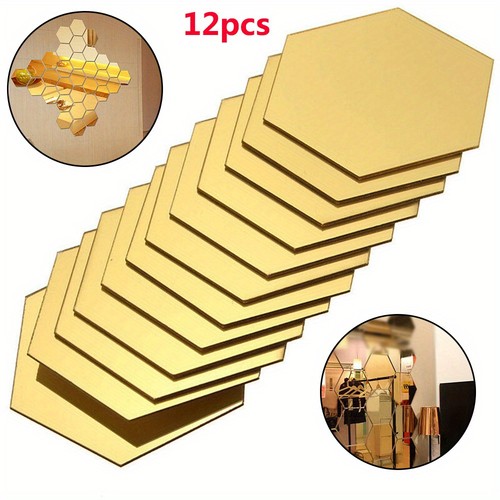 12Pcs Self Adhesive Hexagonal Gold Acrylic Mirror Wall Tiles for Home Room Decor