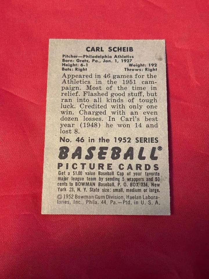 CARL SCHEIB #46 1952 BOWMAN SET BREAK BASEBALL - Image 2 of 2