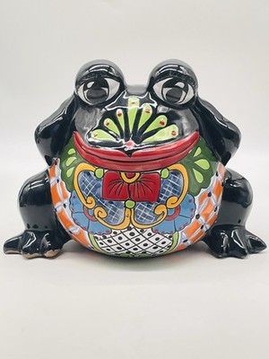 Mexican Colorful Painted Pottery FROG Planter~Talavara style LARGE 10  x 13 x 9 