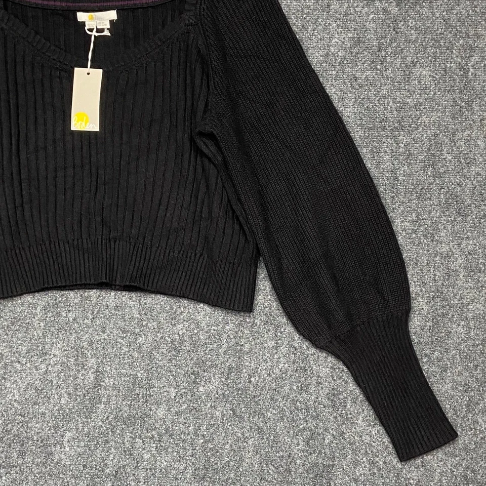 Boden Black Ribbed Knit Square Neck Balloon Sleeve Cropped Sweater 16/18 K0676 - Image 3 of 4