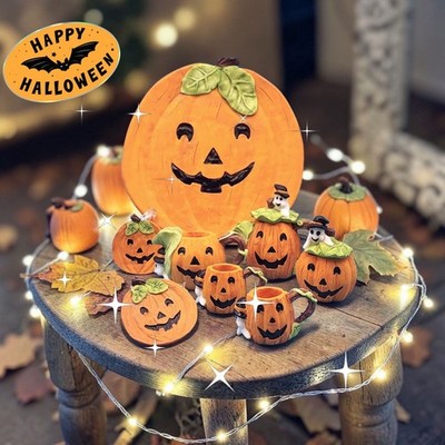 Vintage 1995 Pumpkin & Ghost Miniature Tea Set Halloween Ceramic Jack O Lantern
