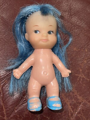 Vintage Uneeda Co. 4'' Blue Hair Doll, UD. Co. Inc. MGMLXXVII Made in Hong Kong