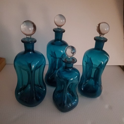 4er Set Kastrup Holmegaard Kluk Kluk eingeklemmt blau Dekanter Flasche klarer Stopper - Bild 24 von 24