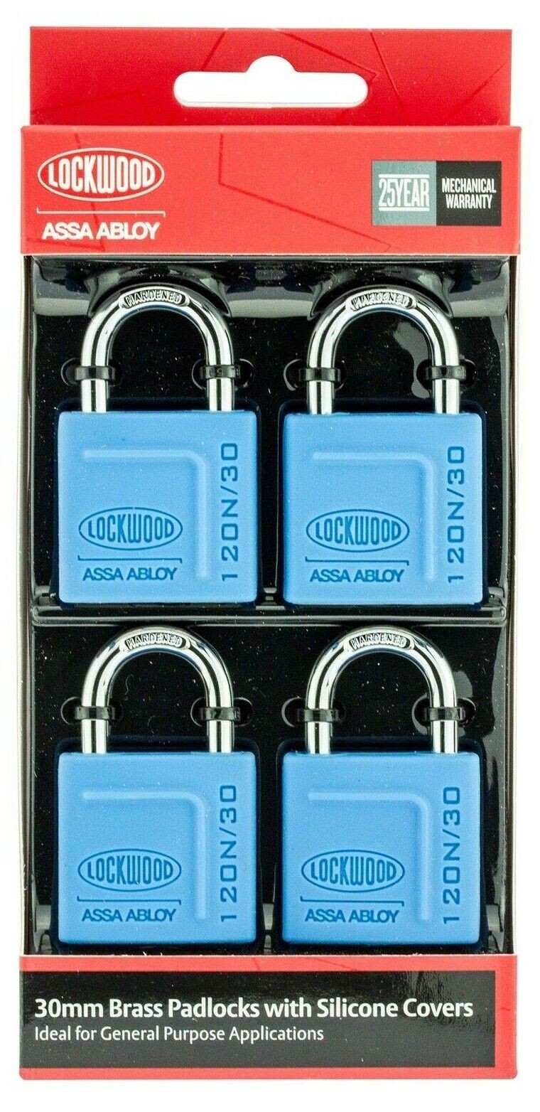 LOCKWOOD ASSA ABLOY 4 PACK 30MM BRASS PADLOCKS WITH SILICONE COVER