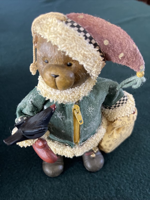 Debbie Mumm Ornament Bear w/ Santa Hat w/ Bird & Bird Seed Sack 6.5”