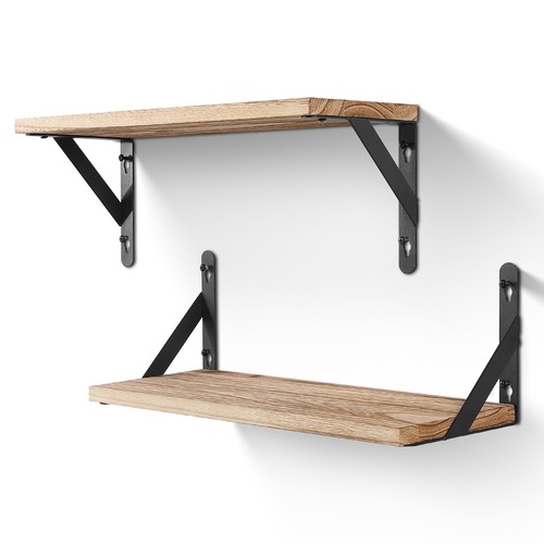 2-PC Wall Mounted Shelves Rustic Floating Wood Support Rack for home,Light Brown
