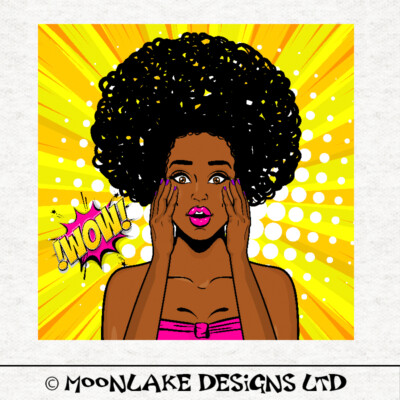Pop Art Wow Afro Lady - Stoff Basteln Paneele in 100% Baumwolle oder Polyester