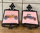 Cast Iron Tile Trivet Hand Painted Crown Japan Old Car Pink tile Vintage Retro