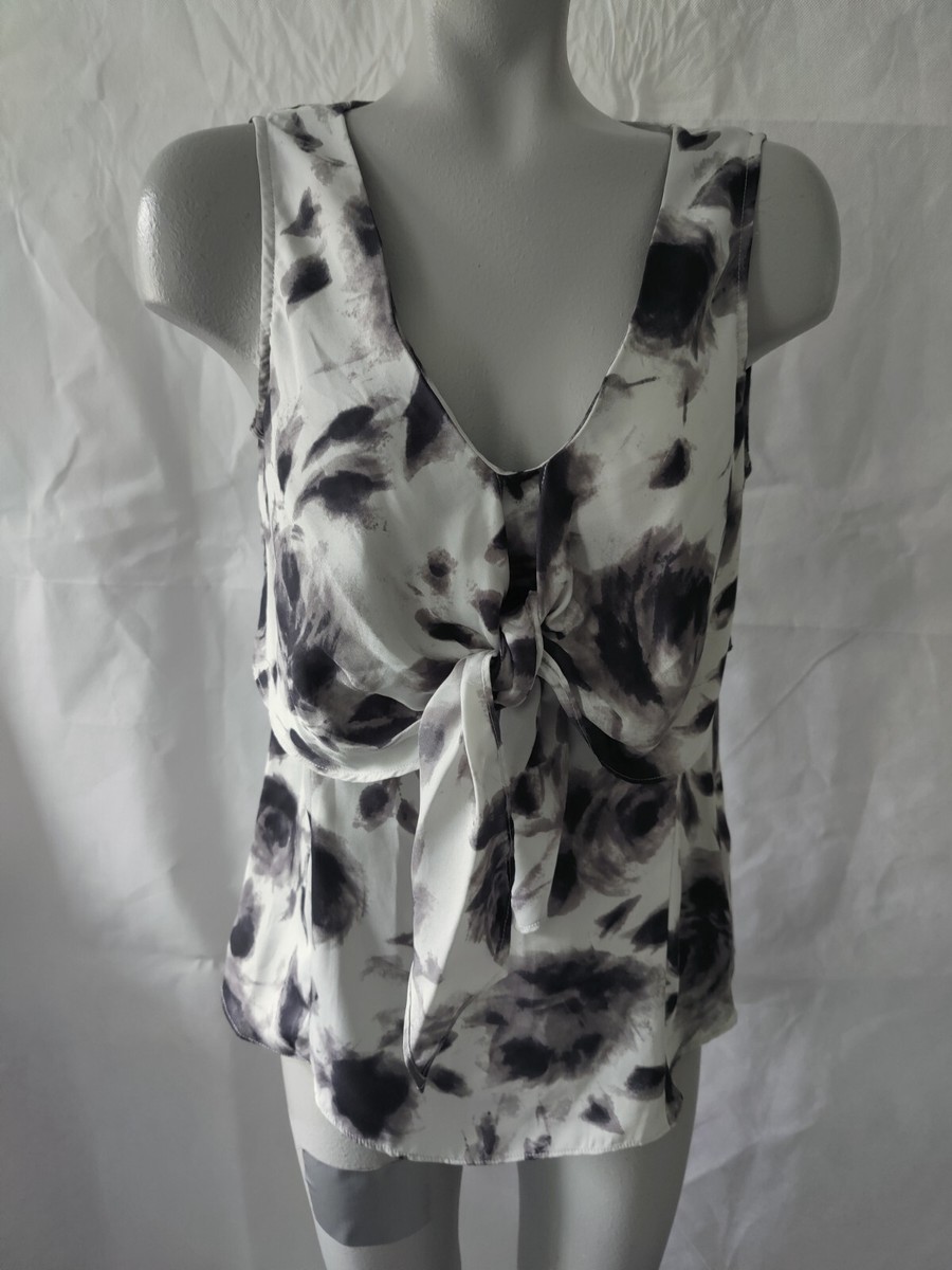 AK Anne Klein Black White Rose Sleeveless Top Tie Front V Neck Sheer Size  M