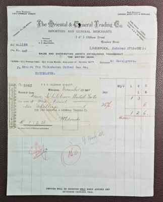 1921 The Oriental & General Trading Co., Oldham Street, Liverpool Rechnung